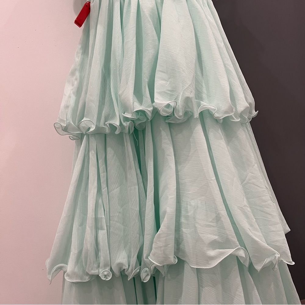 NWT Mac Duggal 49245 Mint Light Blue Chiffon Tiered Ball Maxi Gown 4 - Picture 9 of 12